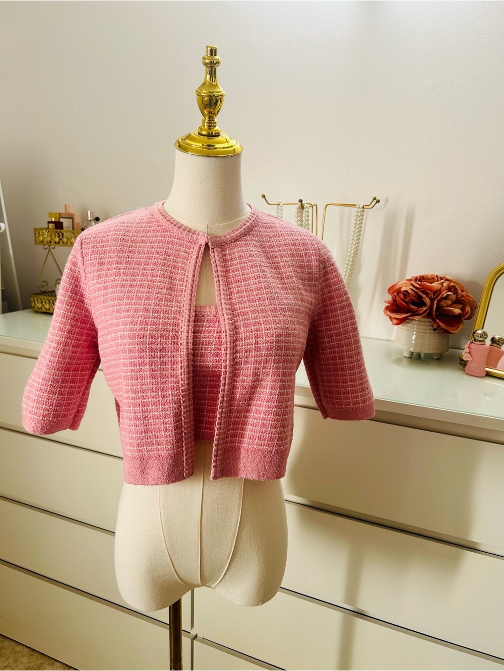 Zara Pink Tweed Cropped Cardigan & Tank Set
